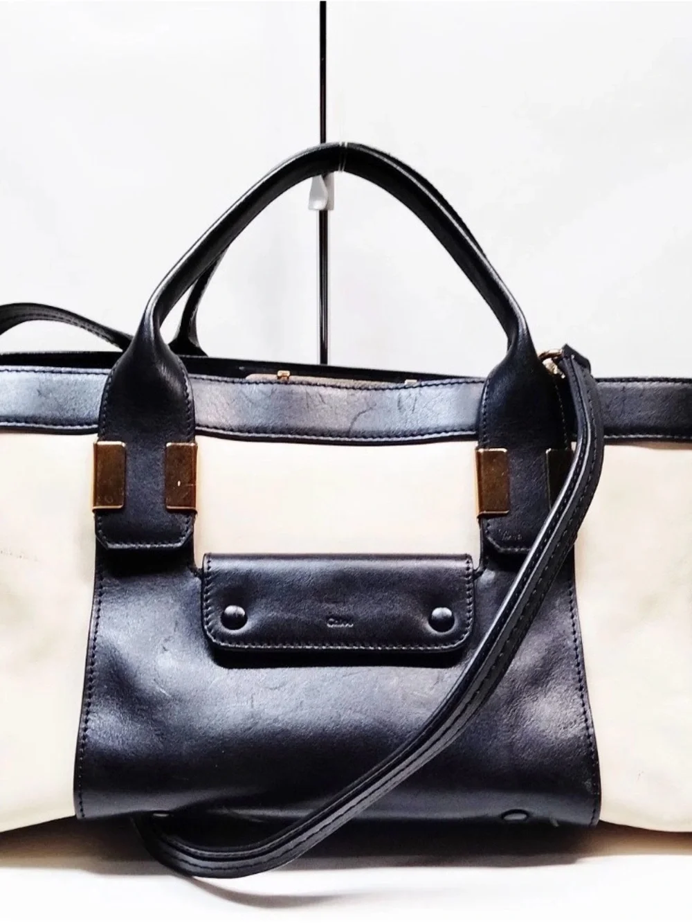 Chloe Alice Two-Tone Black and Cream Structured Satchel with Top Handles